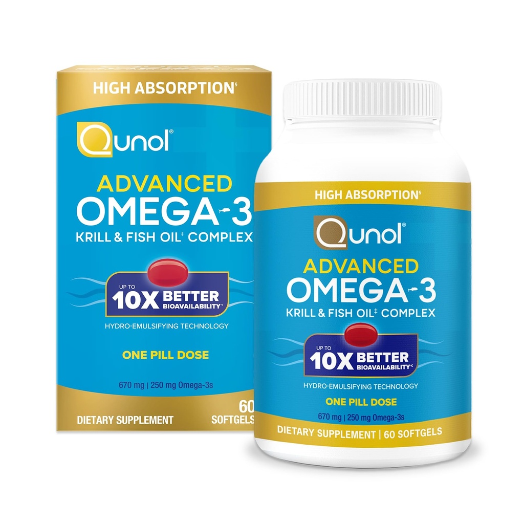 Qunol Advanced Omega 3 Krill and Fish Oil Complex, 10x Parempi biologinen hyötyosuus, Yksi pilleriannos, 250mg EPA & DHA, tukee aivot, silmät, sydän ja yhteinen terveys, 60 Luku (Pack of 1)