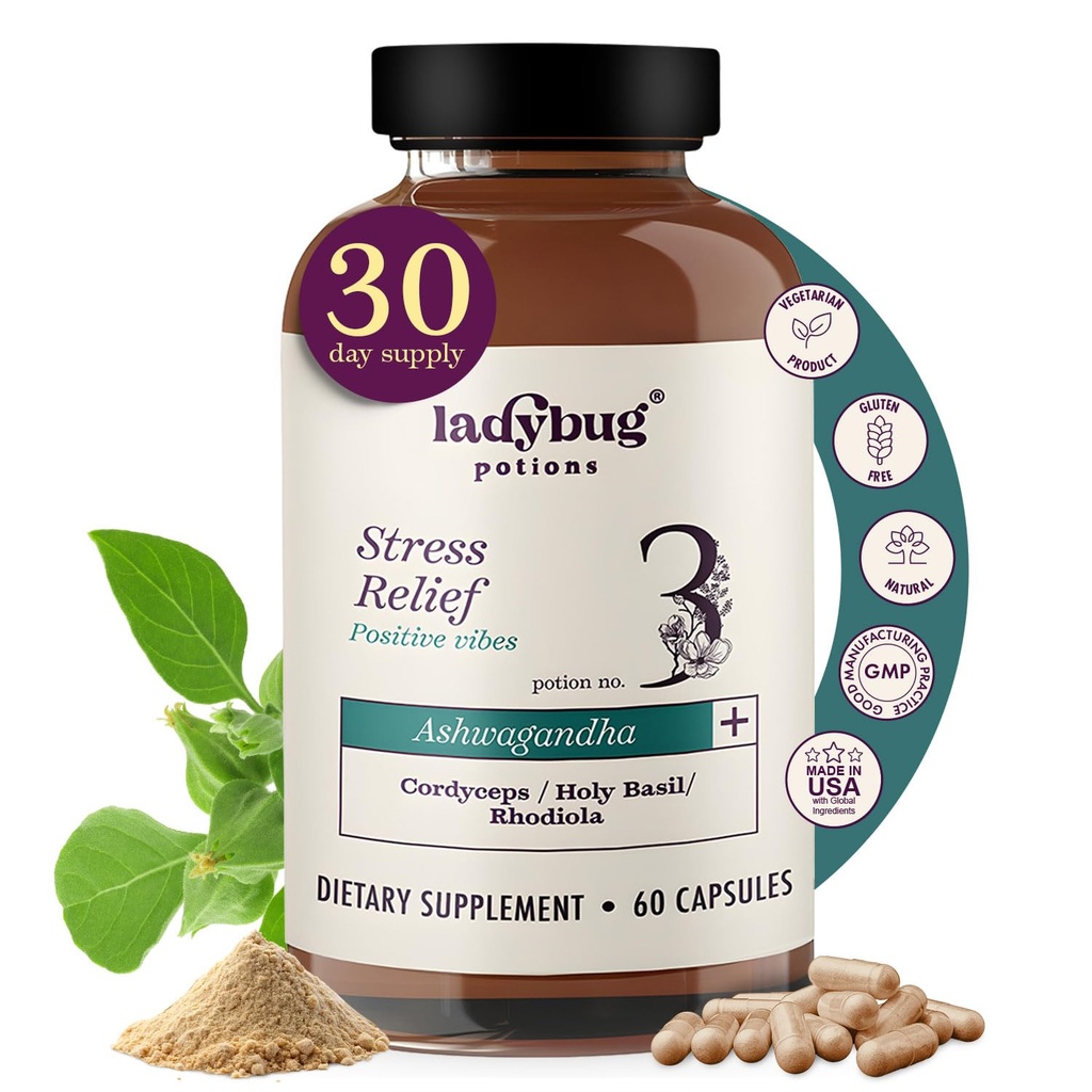 Organic mielialapillerit - 60 kapselia Organic Ashwagandha lisäravinteet naisille ja miehille, Ashwagandha juurikapselit Cordyceps, Holy Basil & Rhodiola, vähentää stressiä, parantaa mielialaa ja kognitiivisia toimintoja