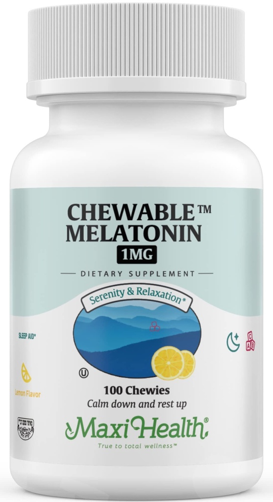 Maxi Health Chewable Melatoniini, Kosher Lemon Flavor, Melatoniini aikuisille ja lapsille, Natural Aid for Aids & Children, Melatoniinin Chewables Vaihtoehto Melatoniini Gummies Lasten annos, (100 kreivi)