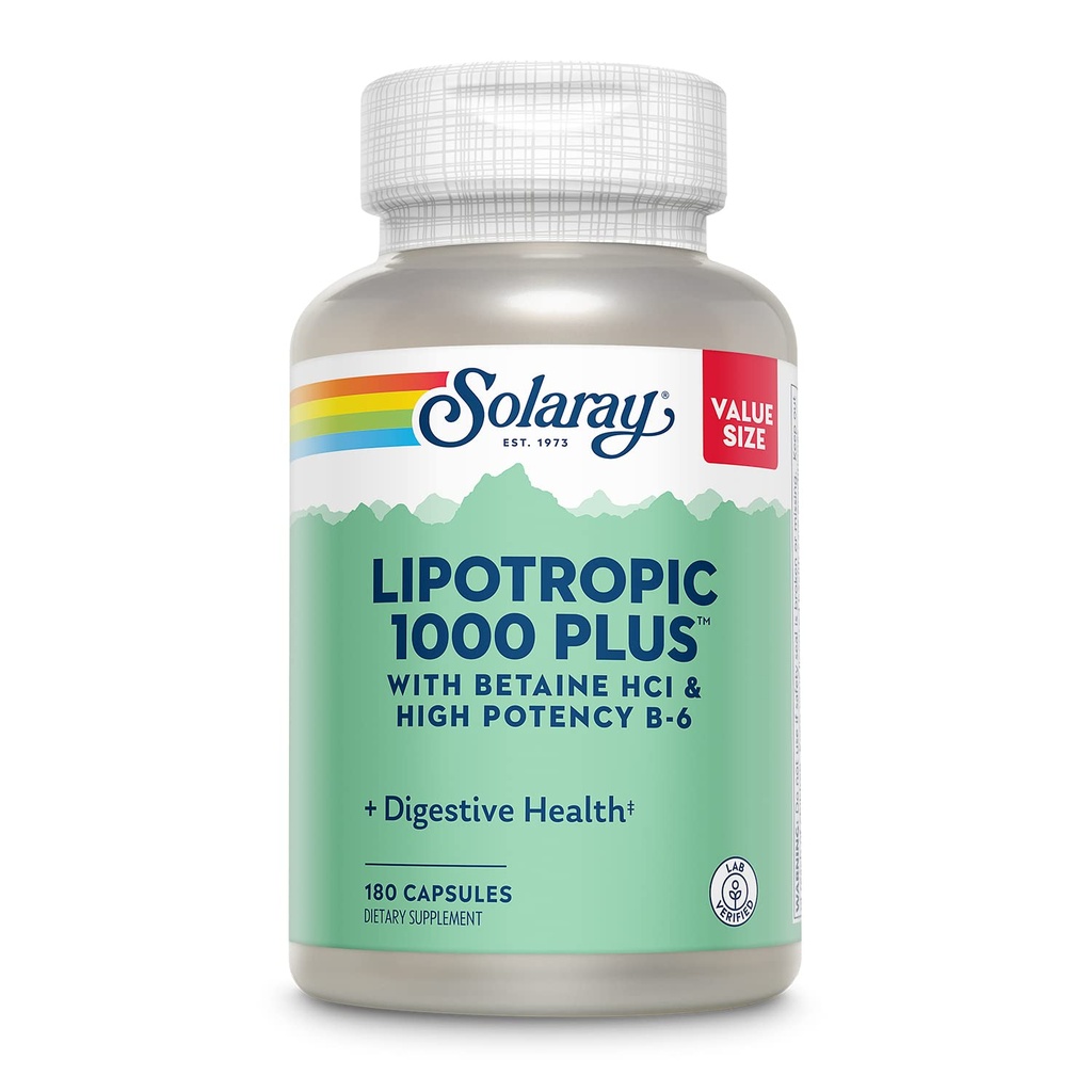 SOLARAY Lipotropic 1000 Plus, Betaiini HCl & High Potency B-6, terve ruokahalu, energia ja rasvan aineenvaihdunta tuki, Lipotropic Complex Plus Aloe Vera, 60 päivän takuu, 30 tarjoilua, 180 kapselia
