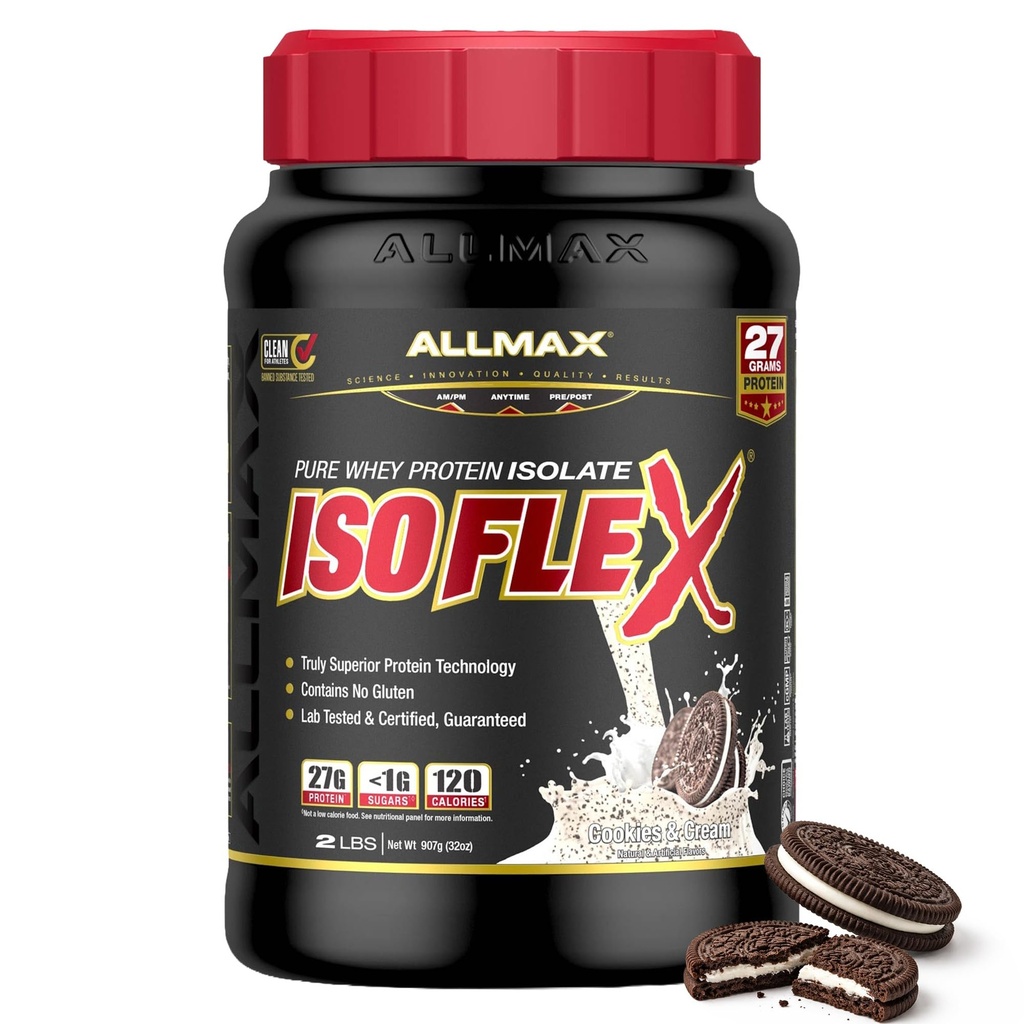 ALLMAX Nutrition ISOFLEX Heraproteiini-isolaatti, Cookies & Cream - 2 lb - 27 grammaa proteiinia per scoop - nolla rasvaa ja sokeria - 99% laktoositonta - gluteeniton & soijaton - Arvioitu 30 annosta