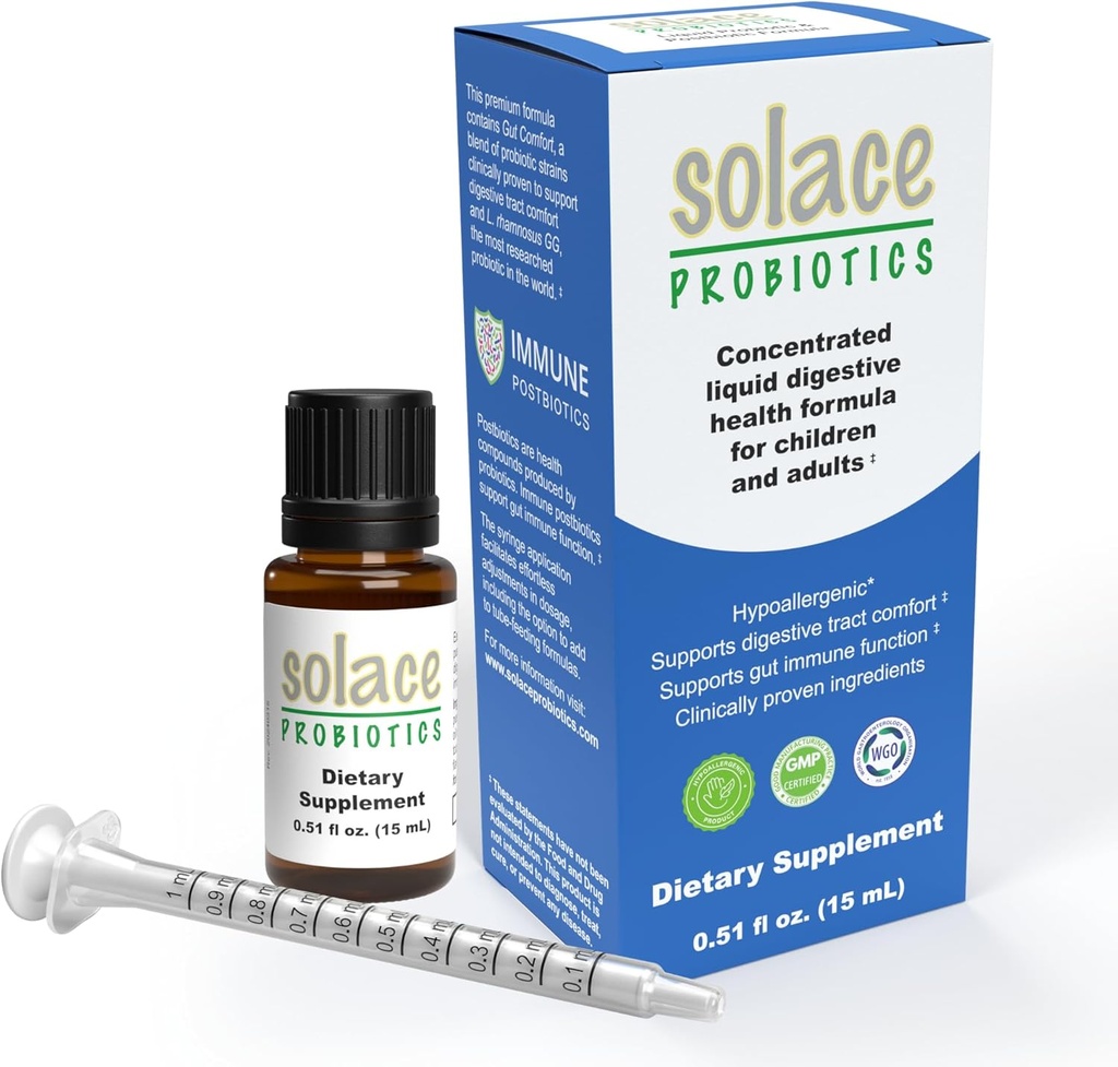 Solace Probiootit Liquid Formula aikuisille ja lapsille - Tiivistetty Blend Ruoansulatuselimistön ja immuniteetin, kliinisesti tutkittu, Easy Ruiskutussovellus, Hypoallergenic - 15ml