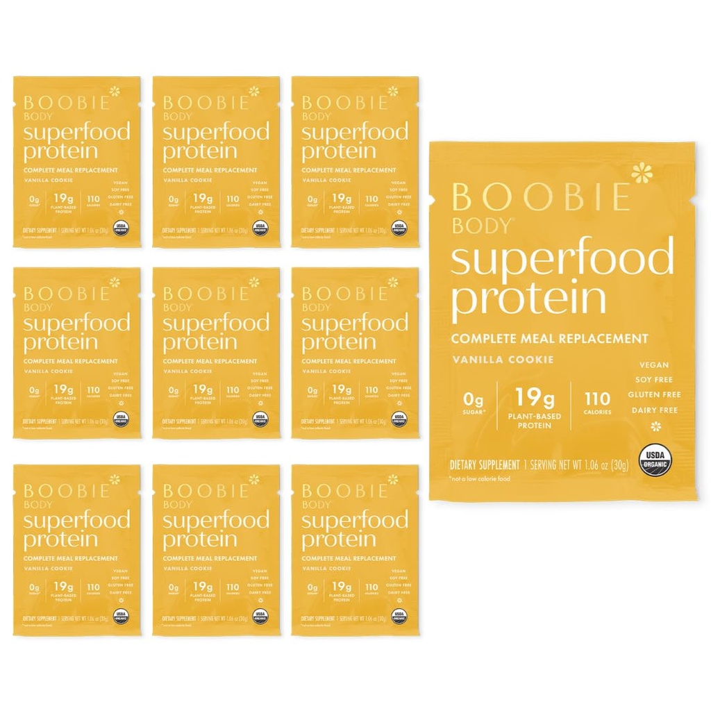 Boobie Body Superfood Protein Shake for Moms, Graviditet och Laktationsstöd Proteinpulver för att öka mjölkförsörjningen, Probiotika, organisk, Dairy-Free, Gluten-Free Vegan Vanilla Cookie Single Srv 10pk
