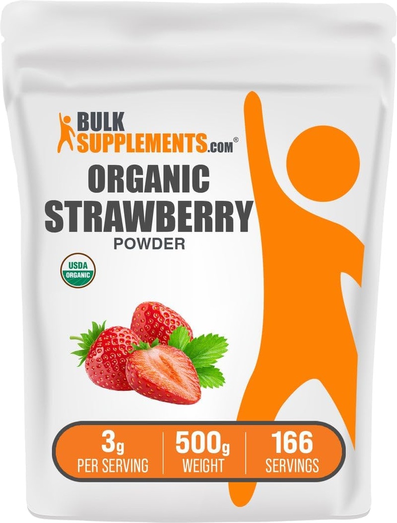 BulkSuplements.com Organic Strawberry Powder - Fruit Powder from Organic Mansikka - Ei sokeria Lisätty & Gluteeniton, 3g per tarjoilu, 500g (1,1 lbs) (Pakkaus 1)