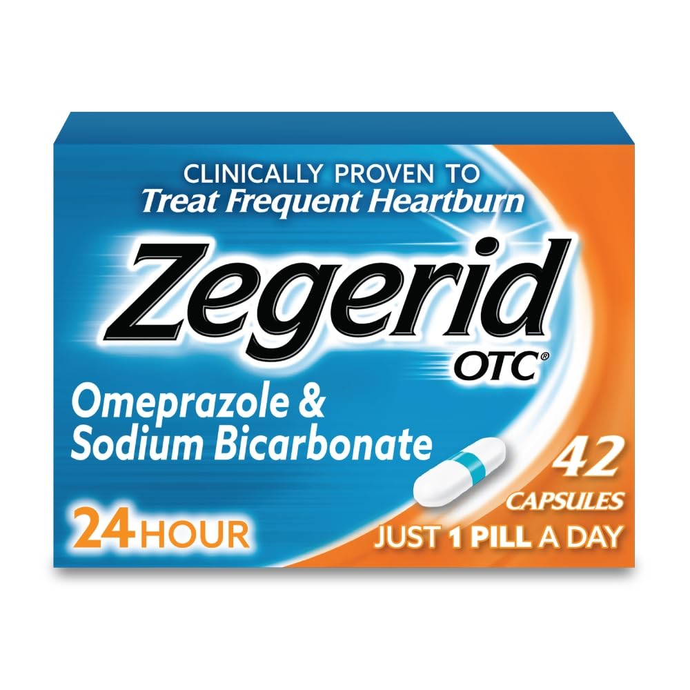 Zegerid OTC, 24 tunnin närästyksen lievittäminen, Acid Reflux Medicine ja Antasidit, Treatments Frequent Heartburn, Omeprazole 20 mg + Natriumbikarbonaatti, Protonipumpun estäjä (PPI), 42 kapselia