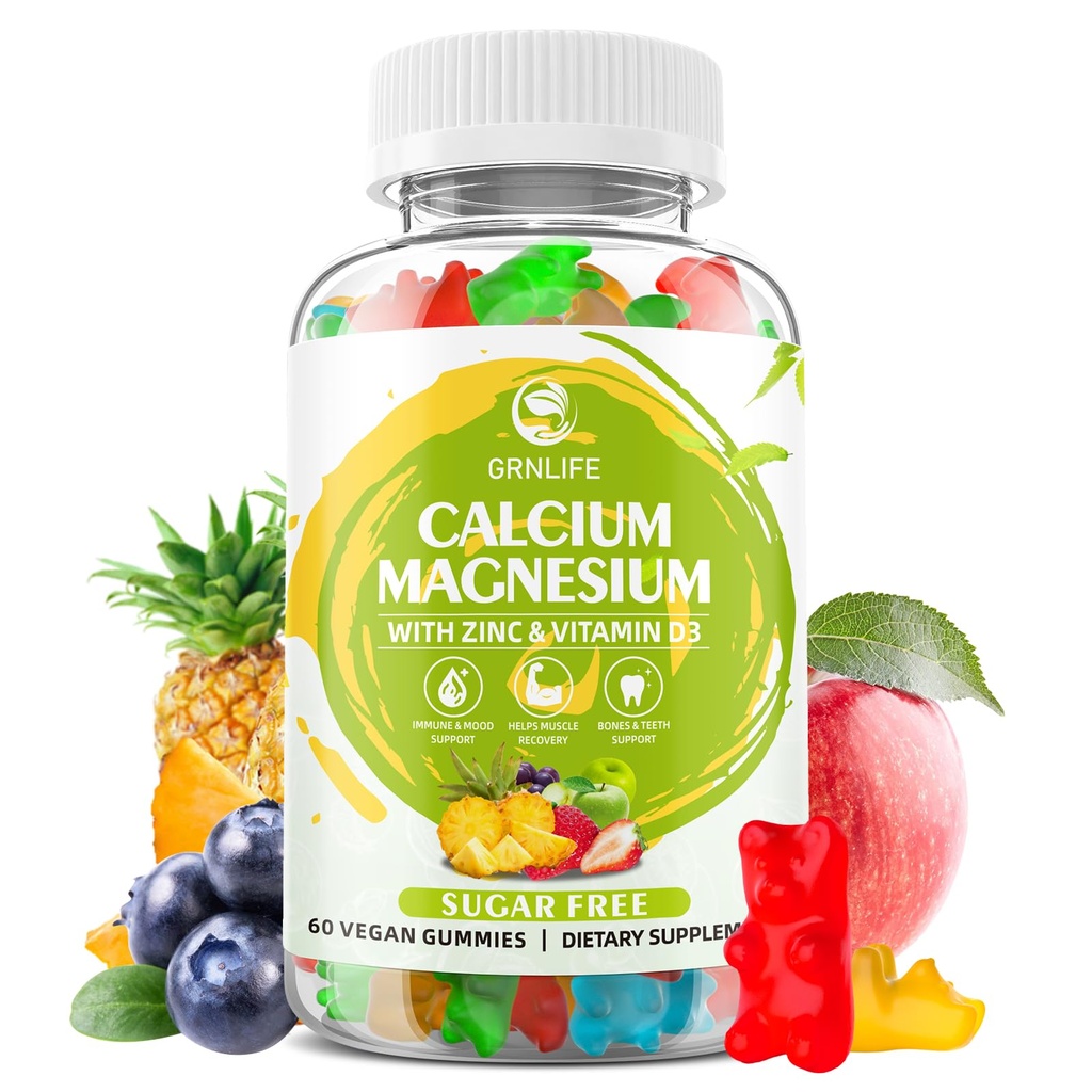 Kalsium Magnesiumsinkki täydentää D3-vitamiinia, sokerittomia kalsiumia Gummies naisille, korkea teho Magnesium Gummies Bone & Lihas- ja immuuniterveyteen, sekoitettu maku - 60