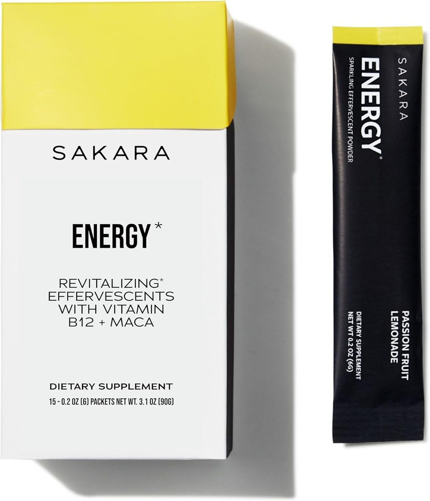 SAKARA Energy Effervescents, 15 Packets - Puhdistettu sokeriton Elektrolyyttijauhepakkaus, jossa on B12-vitamiinia ja L-vitamiinia.