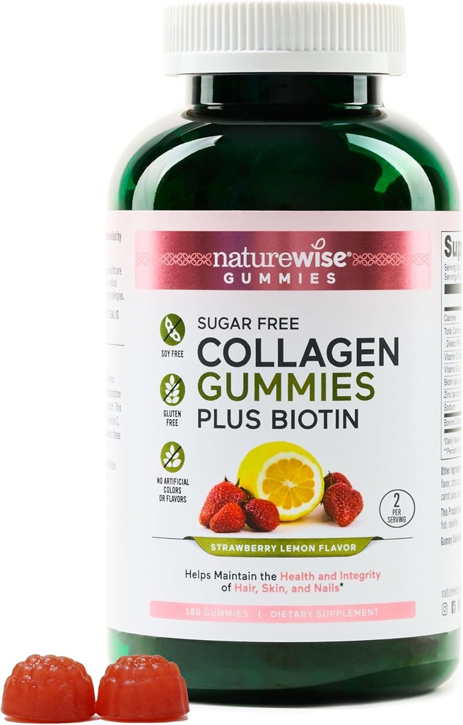 NatureWise Collagen Gummies - Sokerivapaa hydrolysoitu Collagen Gummies - Tyyppi 1 & 3 Peptides for Women + Biotiini, C-vitamiini, E-vitamiini, & Sinkki hiusten iholle ja kynsille Tuki - 180 Count[3]Kuukausi tarjonta]