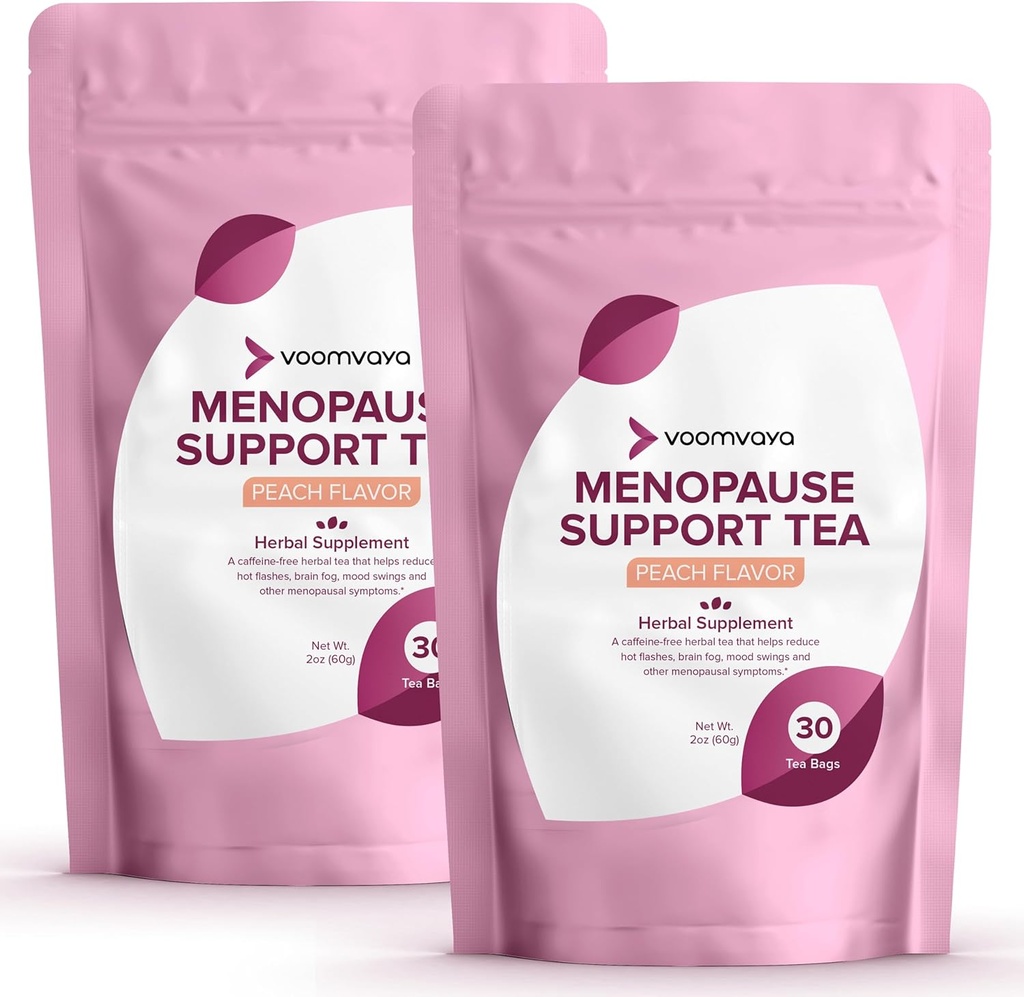 VoomVaya Tallenna 10% Menopause Support Tea 2-Pack Bundle - Natural Menopause Relief for Women w/Red Clover & Black Cohosh - Night Sweats & Hot Flass Relief - Persikka maku - 90 Teabags