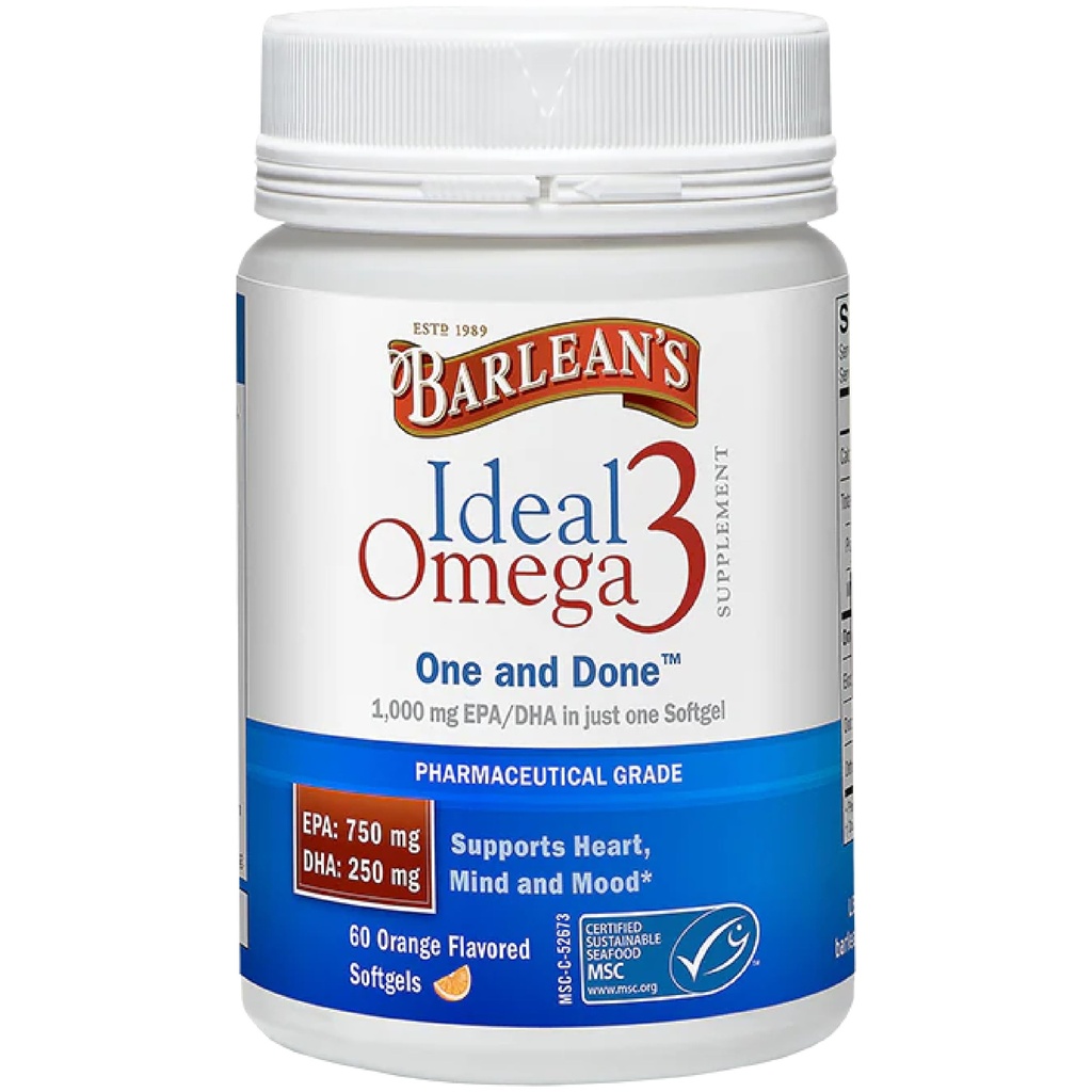 Barlean's Ideal Omega 3 Fish Oil Supplement, 1000 mg Softgels, Pharmaceutical Grade EPA & DHA for Brain, Joint, & Heart Health, Orange Flavor, 60 lla