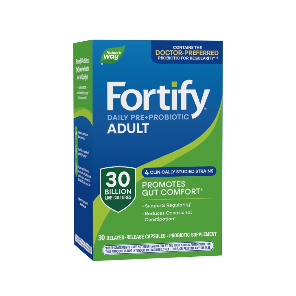 Nature's Way Fortify Daily Pre+Probiootti Adult 30 miljardia, Probiootit immuuni- ja digestiivinen terveystuki*, 30 miljardia live kulttuurit, 30 kapselia