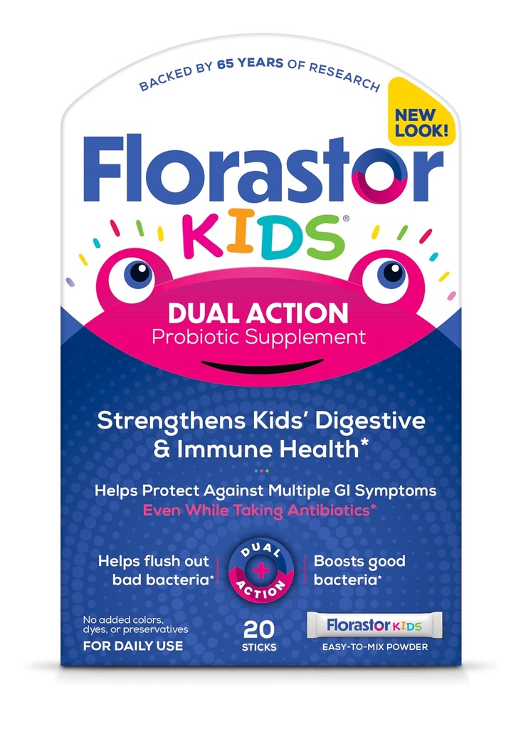 Florastor Kids Dual Action Probiootti täydentää, vahvistaa lasten Ruoansulatus-ja immuuniterveys, 20 helppo sekoittaa jauhetikkuja, Pakkaus toukokuu Vary