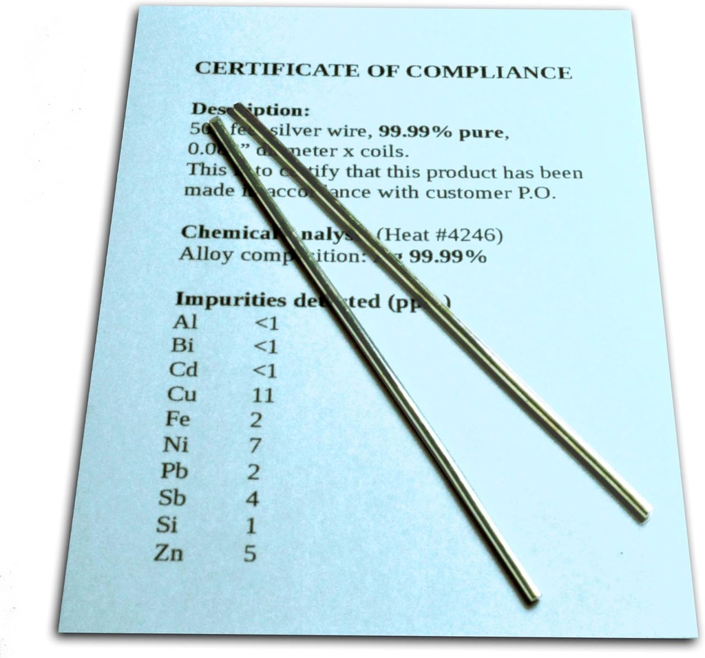 Kolloidinen Silver Generator Wire taattu 99.99% Pure - Set of (2) 4" Electrode Rods 12-Gauge (0,08 in. / 2.06 mm) kanssa Certificate of Compliance / Complete Chemical Analysis of Alloys