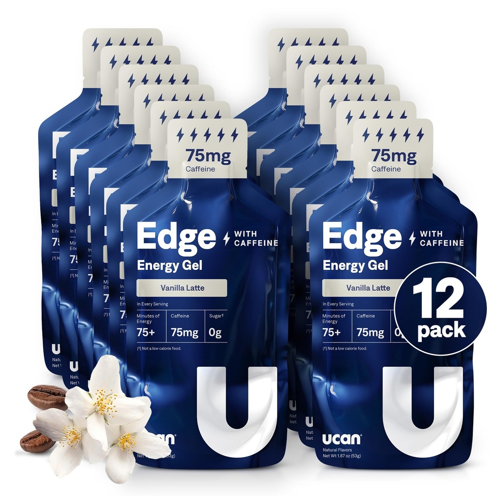 UCAN Edge Energy Gel Shots, Vanilla Latte + Koffein (12, 2 Ounce Packets) för körning, träning, träning, fitness, cykling, Crossfit | Sugar-Free, Vegan och Keto Friendly Energy