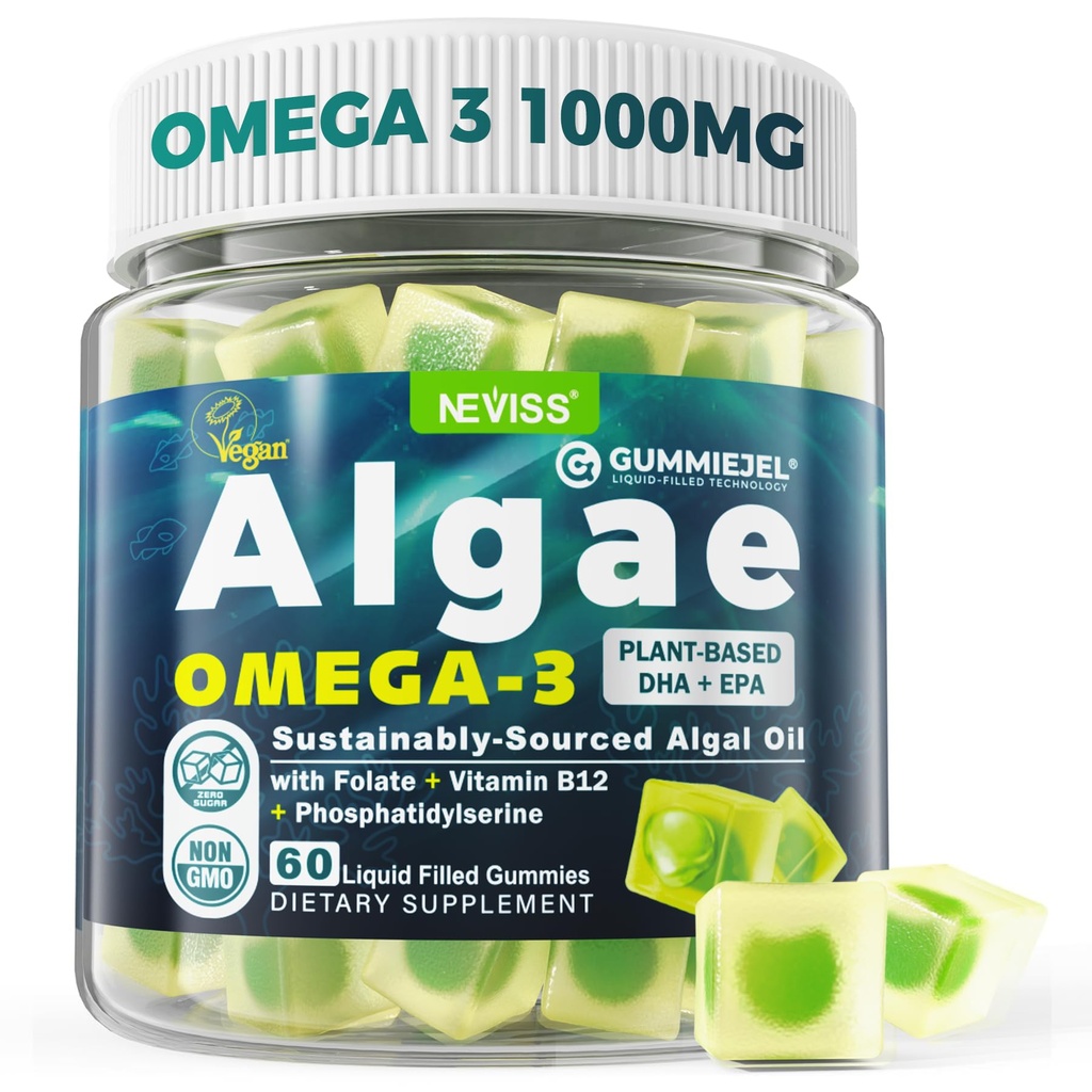 Vegan Omega-3 Gummies for Aikuinen, Fish Oil Algae Oil, Plant Based DHA 460mg & EPA 230mg Plus MethylFolate, B12-vitamiini, Fosfatidyyliseriini, No Fishy Taste, Vegan, Sugar Free, 60 Cts
