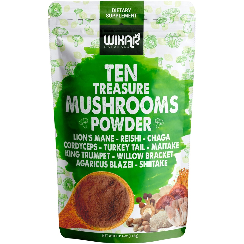 Wixar Mushroom Powder - Ten Treasure Mushrooms Extract Supplement Blend för kaffe och smoothies - Lions Mane, Turkiet Tail, Reishi, Chaga, Shiitake, Cordyceps, Complex - 4oz Mushroom Supplement