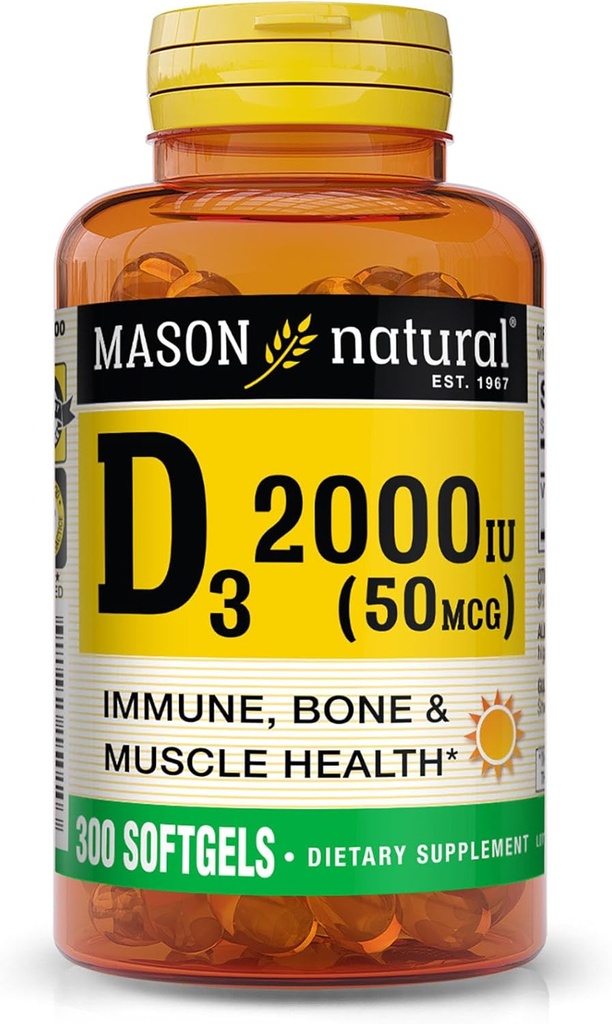MASON NATURAL D3 2 000 IU Ultra Strength, tukee luun tihentymistä, vahvuutta ja immuuniterveyttä, 300 Softgels