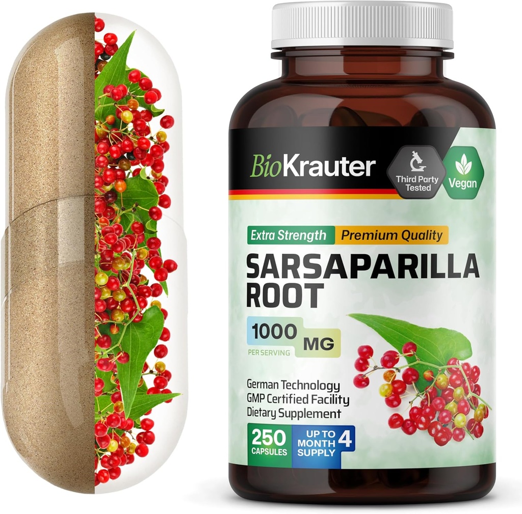 BIO KRAUTER Sarsaparilla Root Capsules - 1000 mg Styrka - 250 Vegan Sarsaparilla Extract Caps - Inga fillers