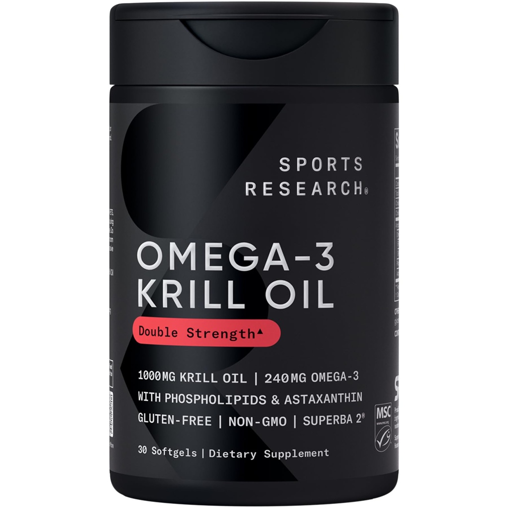 Sports Research Krill Oil Supplement with EPA & DHA Omega 3, Fospholipids & Astaksantiini Antarktiksen Krill - Suurin pitoisuus Krill Oil for Men & Women - 1000 mg, 30 Softgel Kapselit