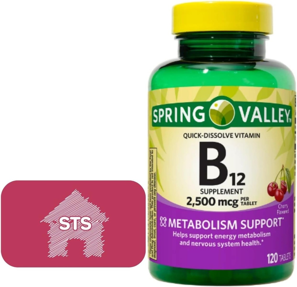 Spring Valley - Vitamin B12 Quick-Dissolve tabletter, 2500 mcg, Cherry Flavor, 120 greve + STS Sticker.
