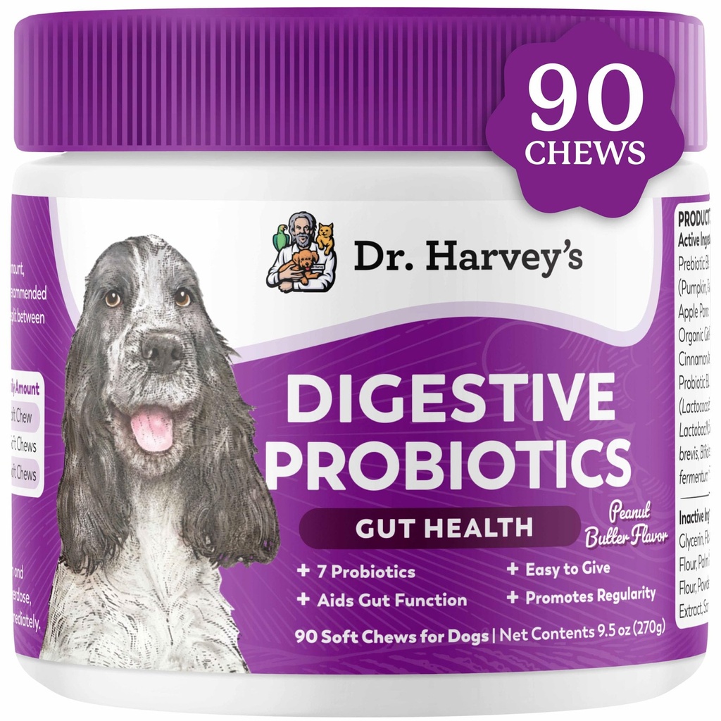 Dr. Harvey's digestiivinen probiootti pehmeät purut koirille, 9 Probiootit Gut Health, ripuli ja Bowel tuki, maapähkinävoi maku (90 purukumia)