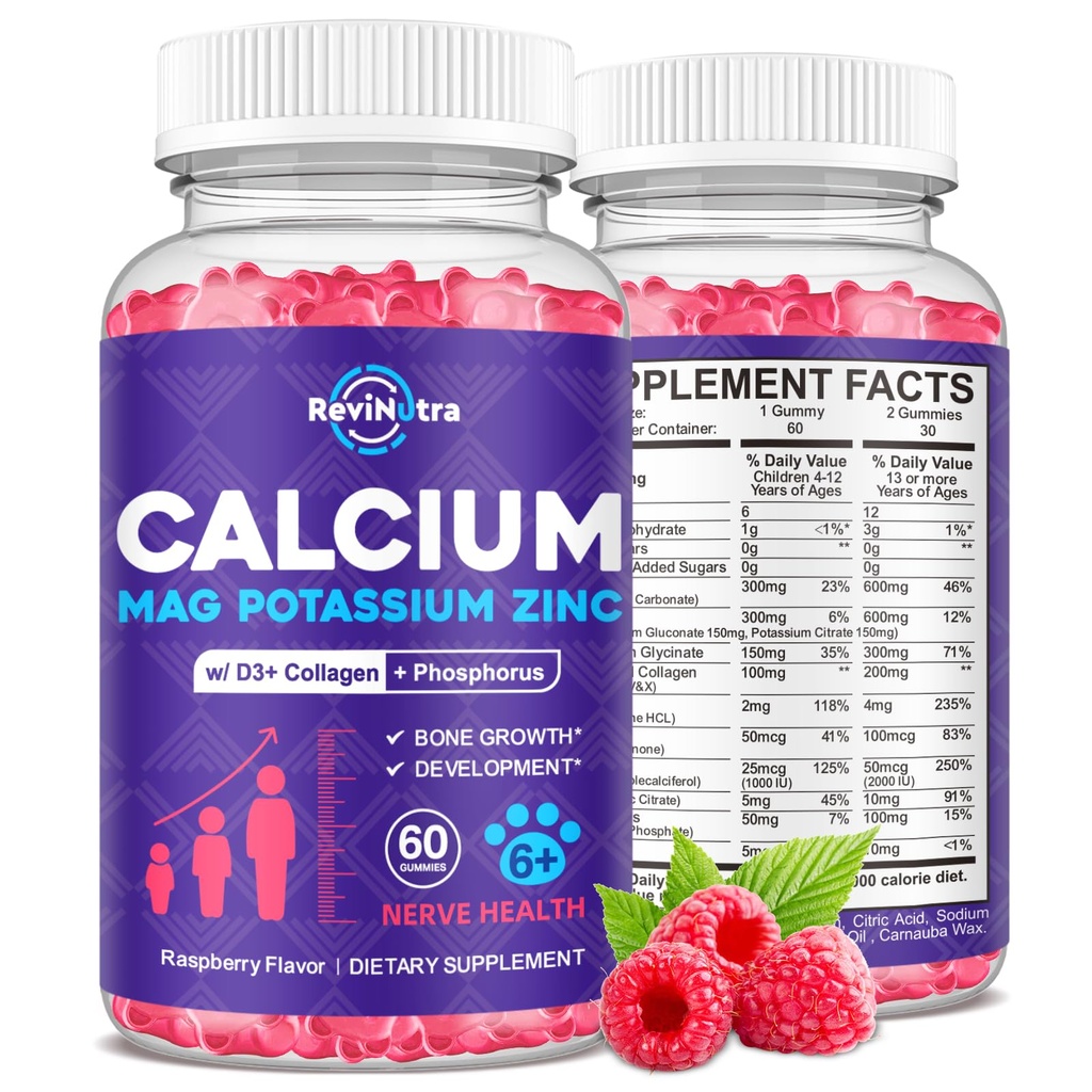 Kalsium Kalium Magnesium Gummies lapsille ja aikuisille, hydrolysoitu kollageeni, sinkki, fosfori, monivitamiini uni, luun vahvuus, tiheys tuki, sokeriton, vadelma 60 Gummies