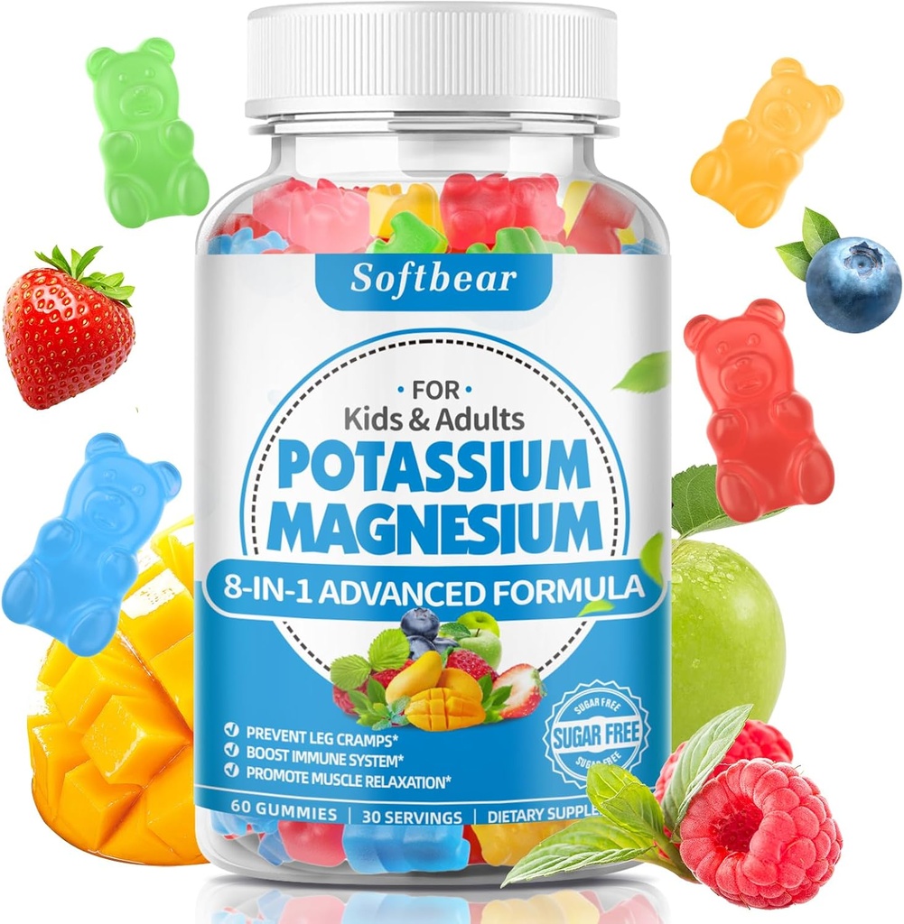 softbear Kalium Gummies aikuisille, korkea Imeytyminen Kalium Magnesium täydentää B6-vitamiini CoQ10 jalkakramppeja ja lihasten terveys Sokeriton vegaaninen sekoitettu hedelmä maku 60 Gummy