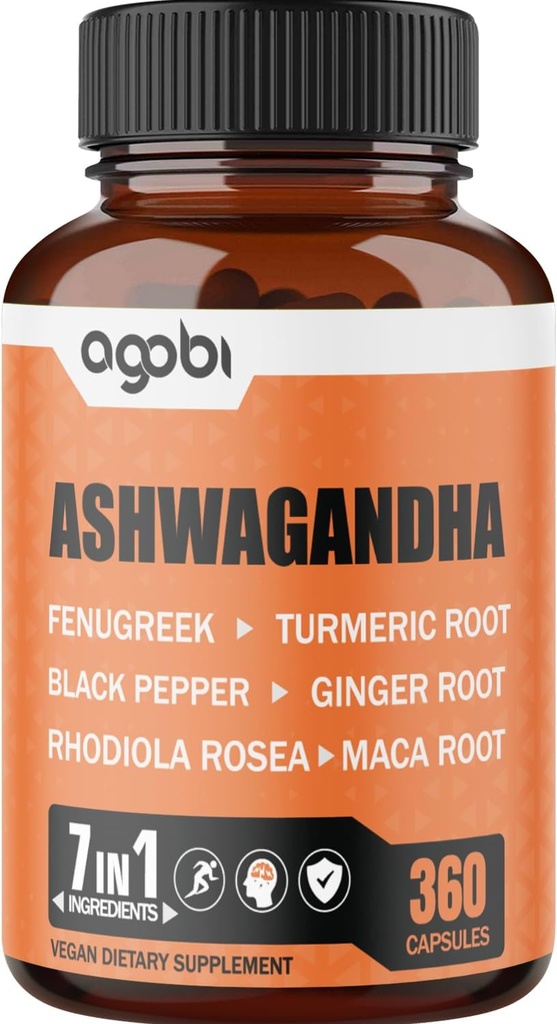 7 in 1 Ashwagandha 8050mg - Yhdistetty sarviapilan, Maca, kurkuma, Rhodiola, Inkivääri, ja mustapippuri - Mieliala, vahvuus, Spirit ja energia tuki täydentää - 360 kapselia - 12 kuukauden tarjonta