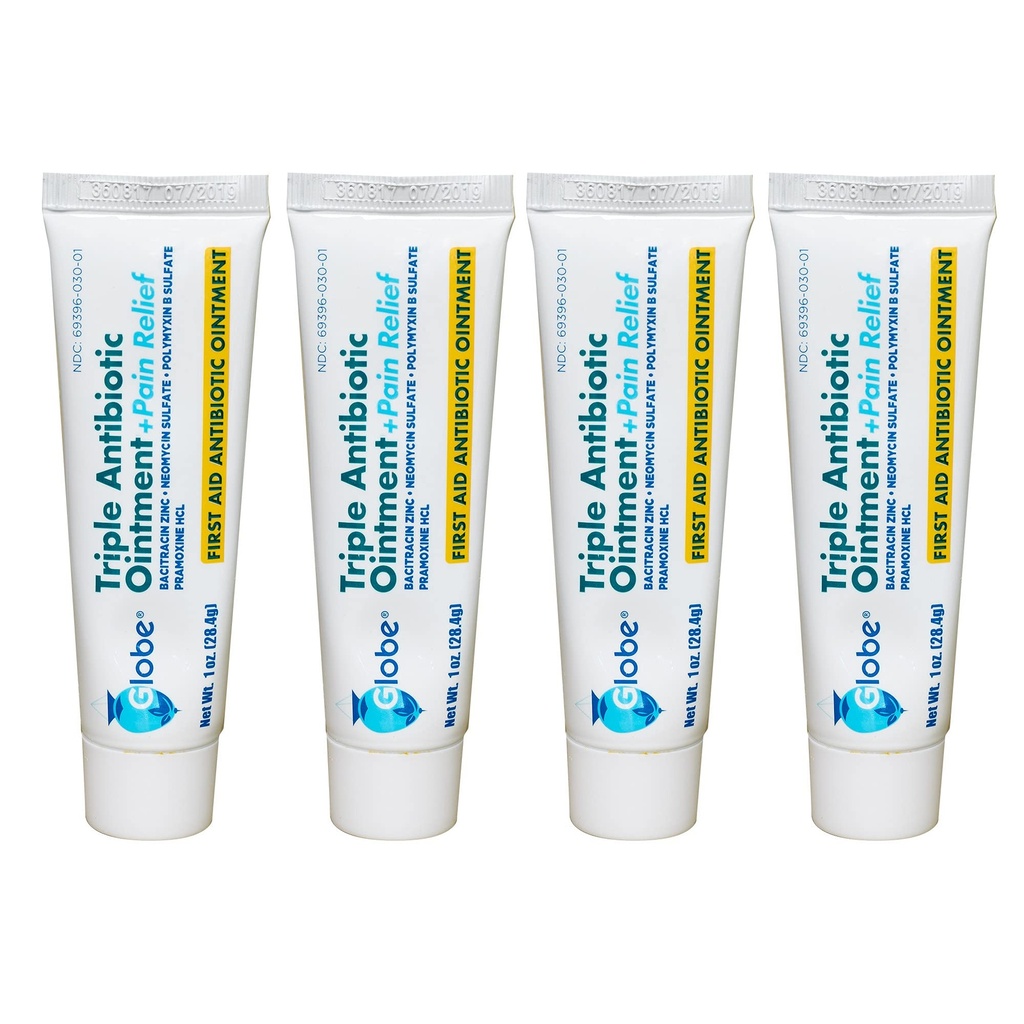 Globe (4 pakkaus Triple Antibiootti + kivunlievitys voide 1oz, ensiapuantibiootti, rauhoittaa kipu, haavat, palovammoja ja scrapes 24 tunnin infektiosuojaus