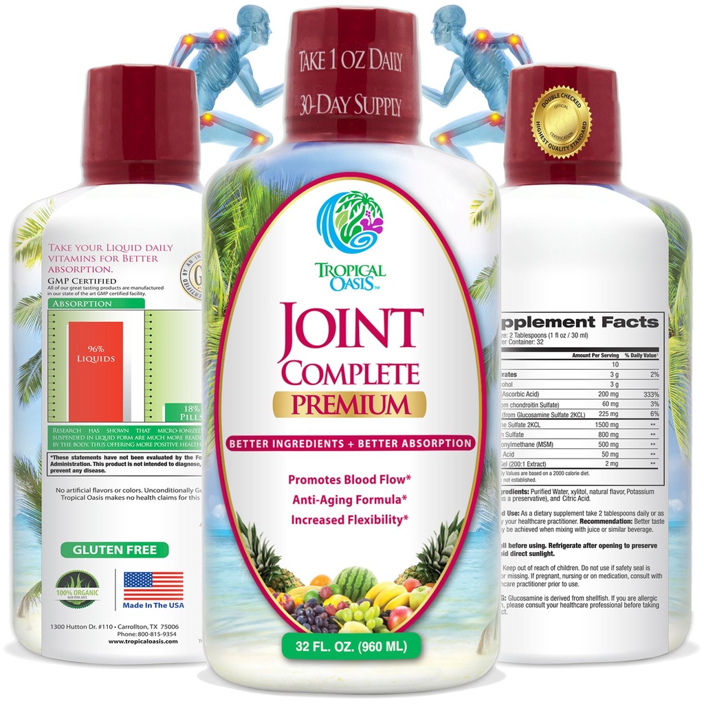 Trooppinen Oasis Joint Complete Premium - Liquid Joint Supplement with Liquid Glukosamiini Sulfate, Chondroitin, MSM & Hyaluronic Acid - 96% Max Imeytyminen. 32oz, 32 serv, 33484