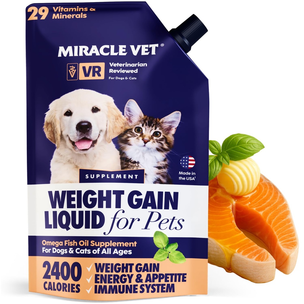 Miracle Vet High-Calorie Weight Gainer för hundar och katter - Multivitamin Nutritional Supplement Gel, Omega Fish Oil, Calcium - Puppy, Senior, Prenatal Cat & Dog Vitaminer, Tillskott för viktökning