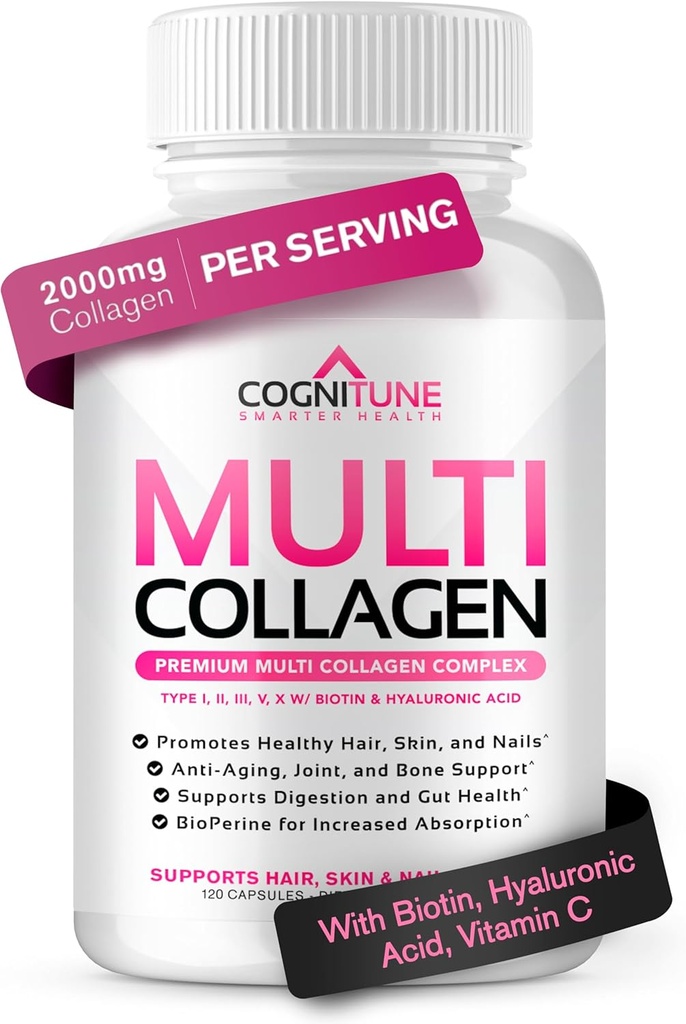 Multi Collagen naisille, joilla on hyaluronihappoa, C-vitamiinia ja biotiinia, kollageeniproteiinia lisänä tyypit I, II, III, V, X Peptides for Healthy Hair, ihon, kynsien ja nivelten, 120 kapselia