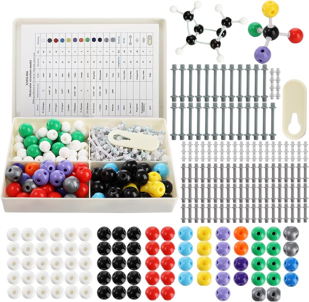 YOPAY 240 Pieces Molecular Model Kit, Organic and Inorganic Chemistry Molecular Structure Malli, 86 Atomit ja 153 Linkit ja 1 Lyhyt linkki Remover Tool