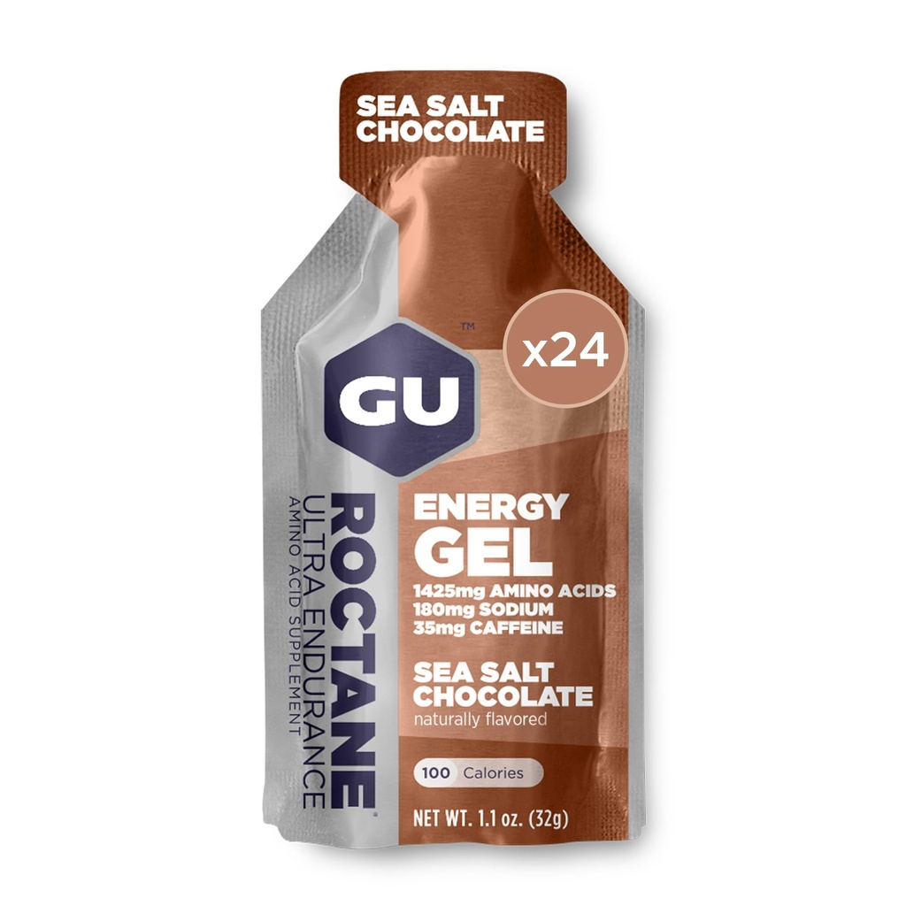 GU Energy Roctane Ultra Endurance Energy Gel, Vegan, Gluten-Free, Kosher och Dairy-Free On-The-Go Sports Nutrition för körning, cykling, vandring eller skidåkning, Sea Salt Chocolate, 24-Count