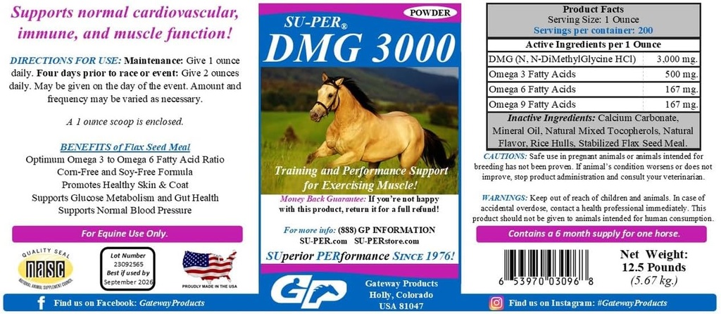 SU-PER DMG 3000 Hästtillskott - Utbildning & Prestanda Support Pulver - Stöder Normal Cardiovascular Immune & Muscle Function - 12,5 pund, 6 månaders leverans