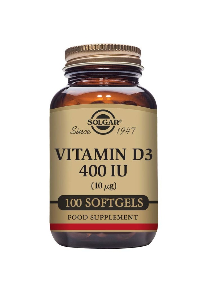 Solgar D3-vitamiini (kolekalsiferoli) 10 MCG (400 IU), 100 Softgels - auttaa pitämään luut ja hampaat - immuunijärjestelmän tuki - ei-GMO, Gluteeniton, Dairy Free - 100 tarjoilua