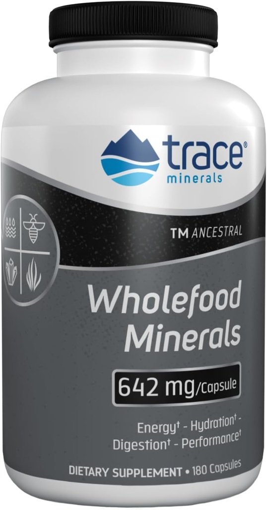 Trace Minerals Wholefood Minerals - Body & Brain Health Support Supplement - Food Health Supplement med Wildflower Bee Pollen & Atlantic Kelp - Aids Nerve Function & Digestive Health - 180 kapslar