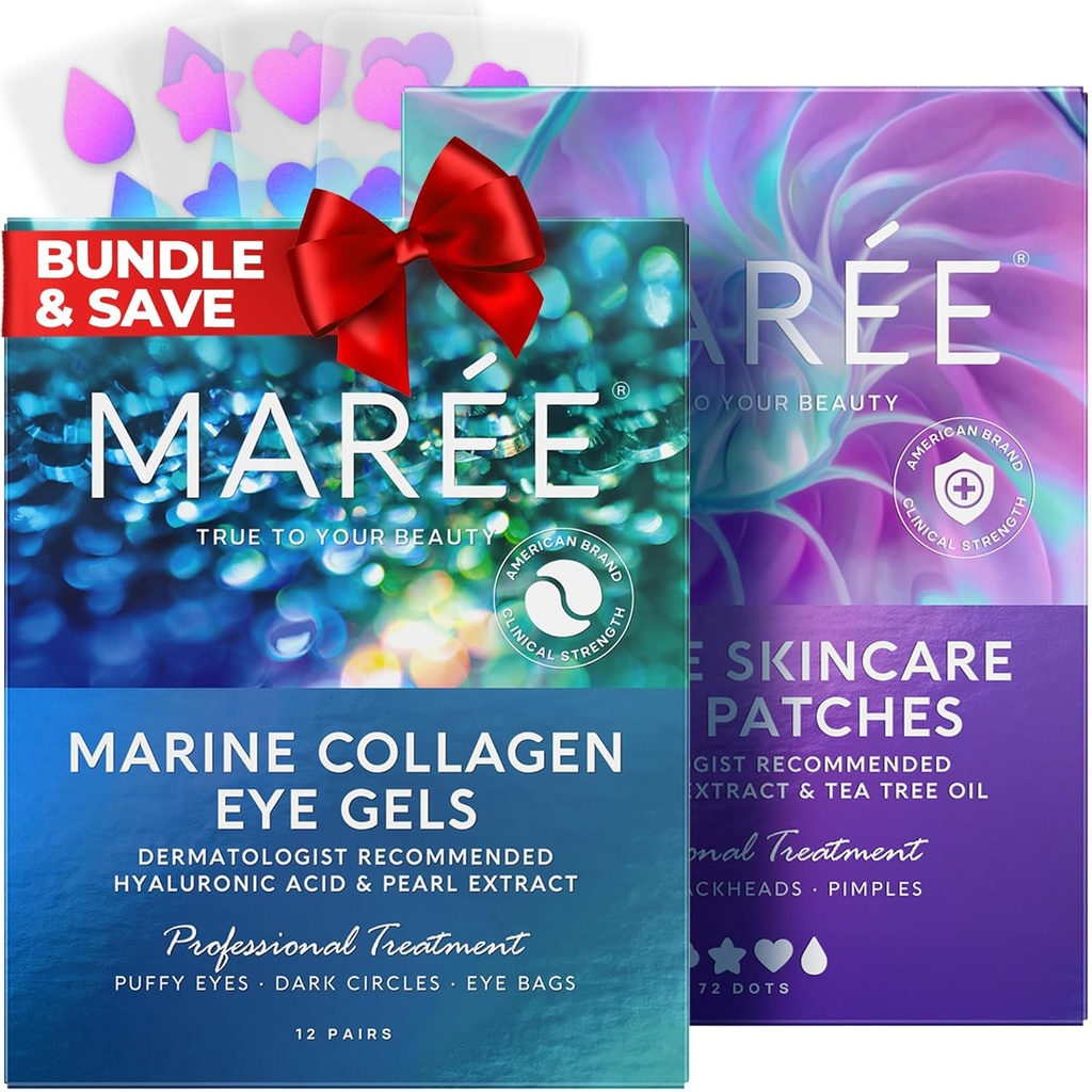 MAREE Eye Gels & Acne Сlearing Devices Bundle - Under Eye Gels för Puffy Eyes och Dark Circles, Hydrocolloid Acne Therapy Device - Marine Collagen & Hyaluronic Acid, Green Algae Extract & Tea Tree Oil