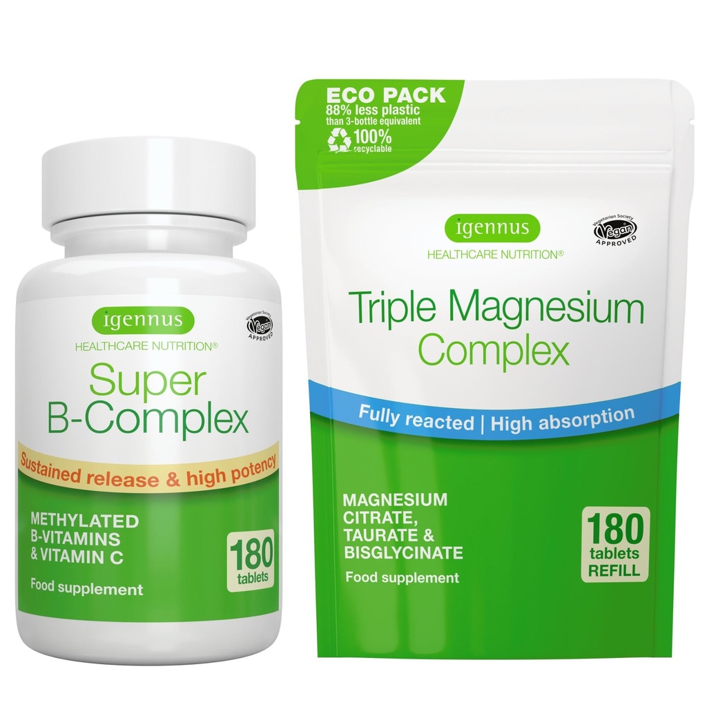 Super B- Complex 180 tablettia + Triple Magnesium Complex 180 tablettia Vegan Bundle, Methylated Release B Complex + High Imeytyminen Kelated Magnesium Glycinate, Taurate & Citrate, by Igennus