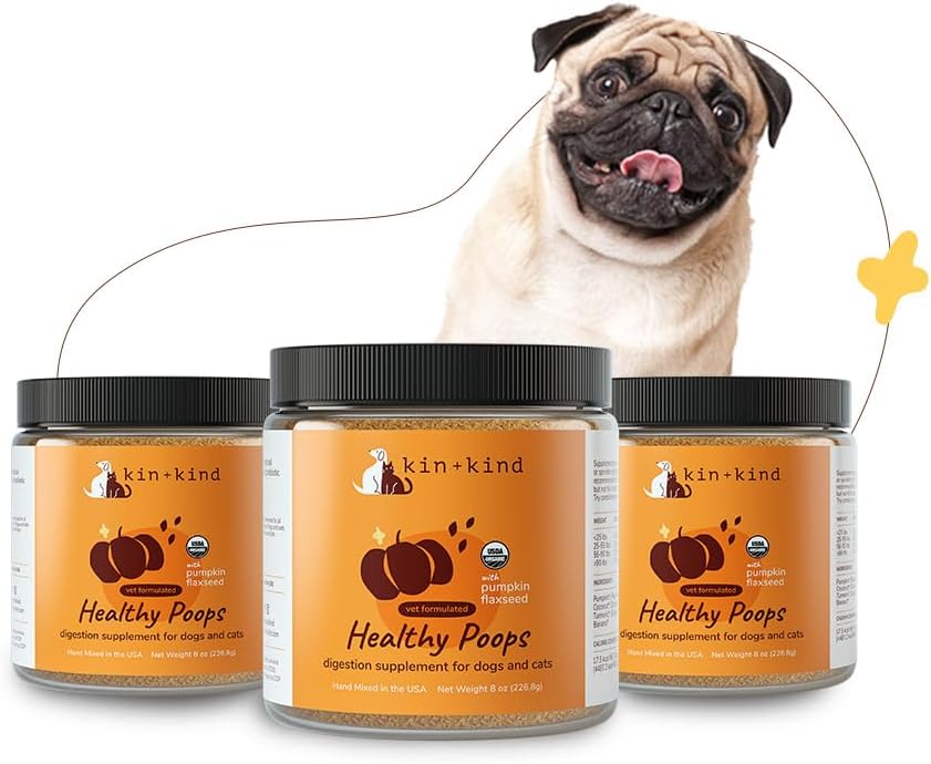 kin+kind Organic Fiber för hundar & katter - Pumpkin Boost för hälsosamma bajsar - Digestive Health - Flax Seed, Ginger, gurkmeja och kokosnöt - Gjord i USA - Bundle (3 x 8 oz)