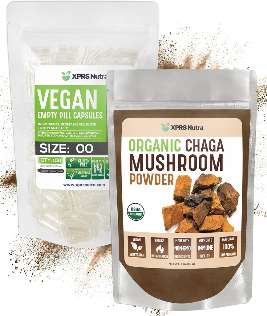 XPRS Nutra Organic Chaga Powder 4 koko- 00 Esieristetyt tyhjät kapselit (100 kreivi)