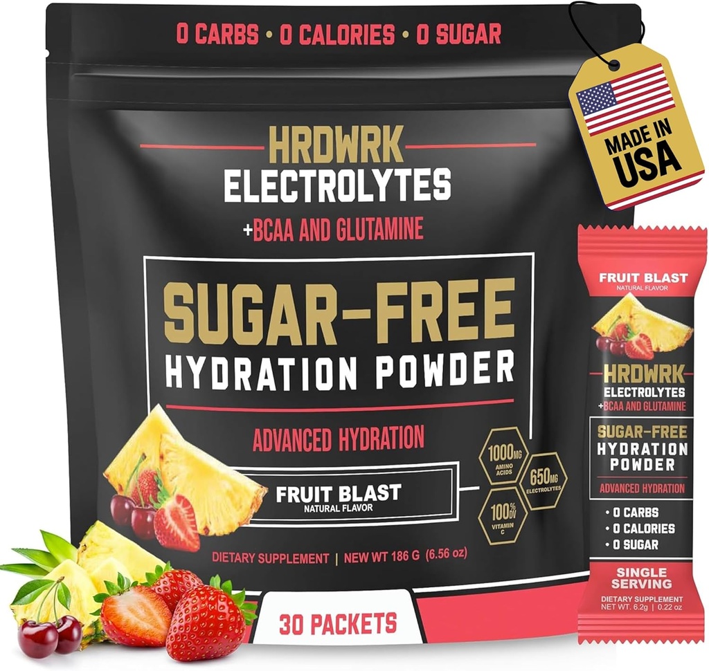 HRDWRK Electrolytes Powder Packets med Magnesium, Potassium Sodium, Keto Hydration - BCAA Electrolyte Powder Packets med Glutamine, 30 Electrolytes Powder Packets Sugar Free (Fruit Blast)