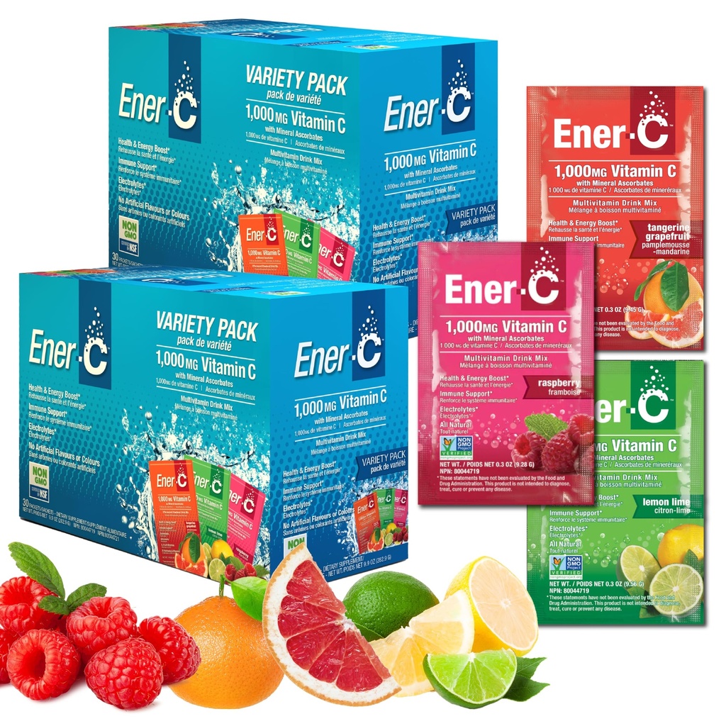 Ener-C Multivitamiini Drink Mix - Vitamiini Packets vettä, Elektrolyyttejä Powder Packets, Vitamiini Drink Mix, Hydraation Liquid Mix, Immuno Booster aikuisille, Tervettä energiaa - Variety Pack, 60