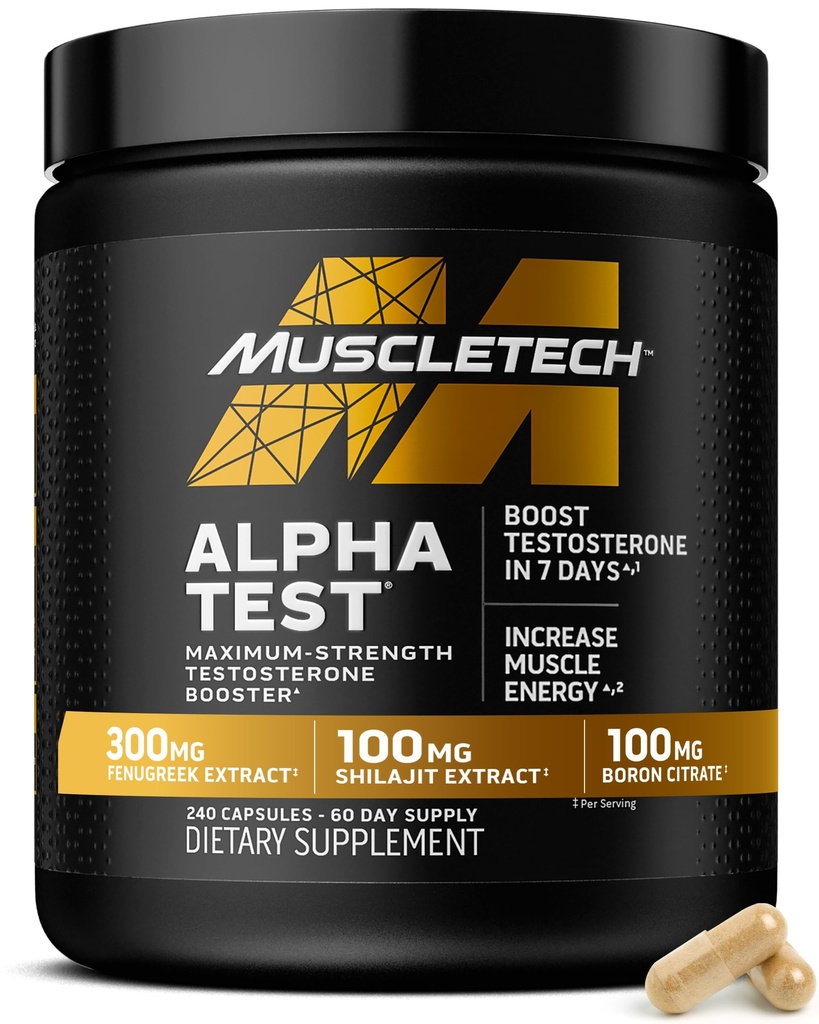MuscleTech Testosteroni Booster miehille, AlphaTest - T-Boost Miesten täydentää Tribulus Terrestris & Boron - Päivittäinen mies kuntosali harjoitus täydentää lihasten kasvua, kestävyys & energia - 240 pillereitä