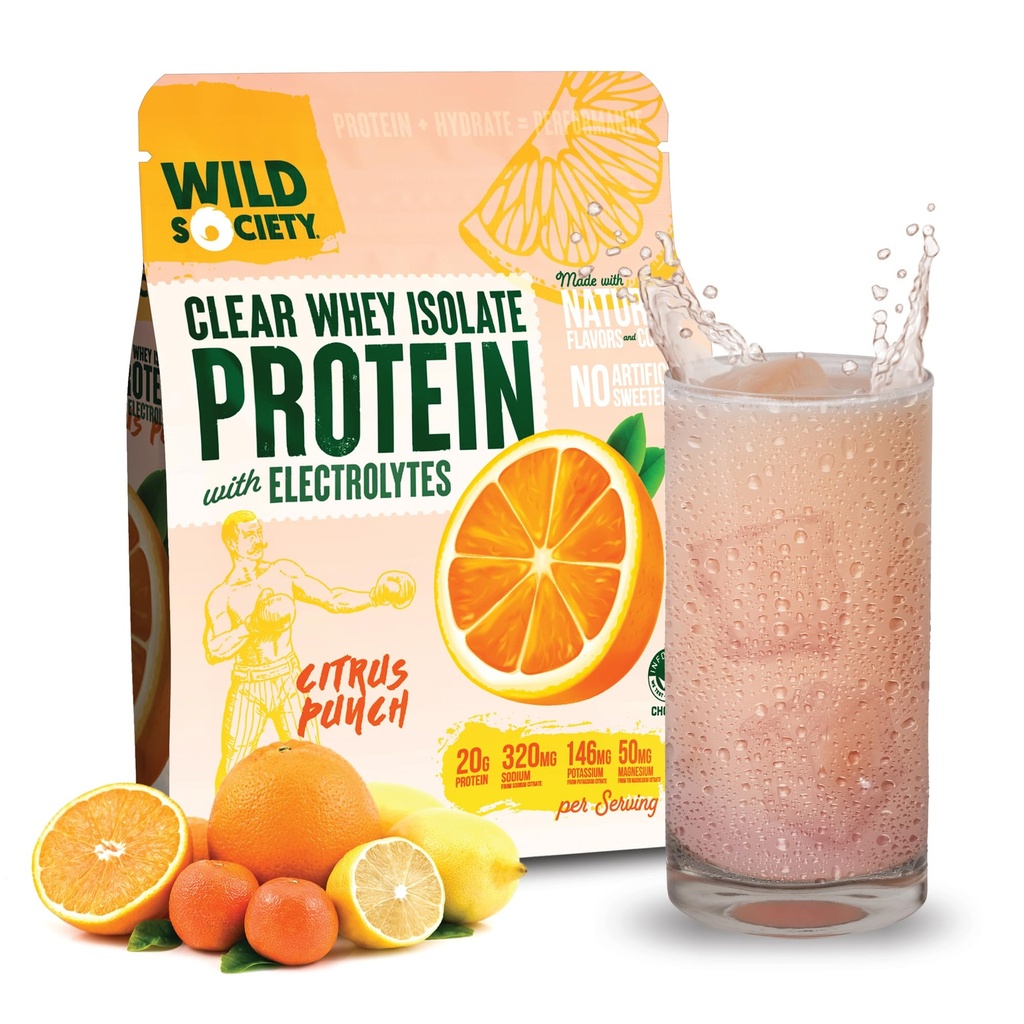 WILD YHTEISKUNTA - Clear Whey Protein + Electrolytes - Refring Whey Protein Isolate Powder - 20g Protein, 0 Lisätty sokeri, GMO-vapaa, luonnon makuja & värit - Citrus Punch, 16 oz