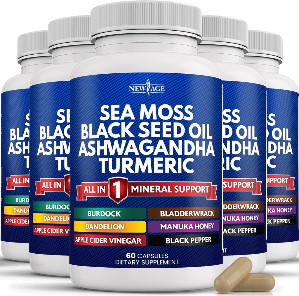 NEW AGE Meri Moss Musta siemenöljy Ashwagandha Turmeric rakkoranneke Burdock - Manuka, Honey Voikukka, ACV Black Pepper Gluteeniton