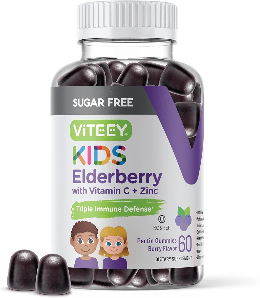 Vitey Sambucus Elderberry Gummies for Kids - Sokeriton - Immuunit lisäravinteet C-vitamiinia ja sinkkiä, [3-1 Immuuni Booster] Vegaani, Liivate, Gluteeniton - Tasty Chewable Berry Flavored