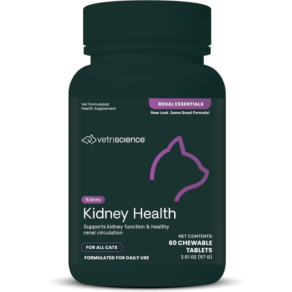 VetriScience Kidney Health Chewable Tablets, Renal Essentials Supplement för katter, njurvård och stöd med Mushroom, Astragalus Root, Nettle Seed och Herbs, Chicken och Fish, 60 Count