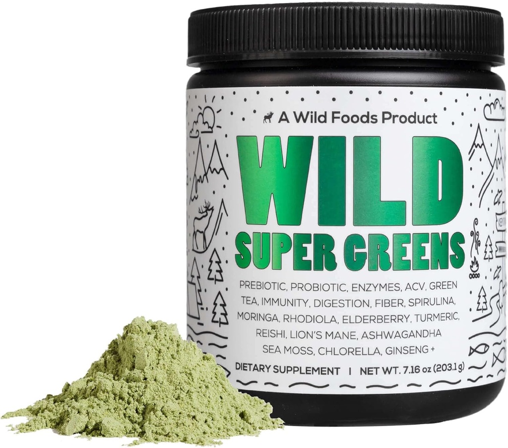 Wild Foods Raw Super Greens Powder Daily Juice Drink med probiotika och Digestive Enzyme Blend - Whole Food Sourced, 46 Plant-Based Nutrients, Non-GMO, Spirulina, Chlorella, Wheatgrass (30 portioner)