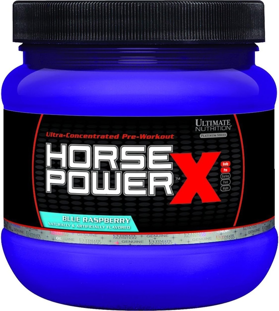 Ultimate Nutrition Horsepower X Advanced Preworkout Supplement med kreatin och vitamin B12, 45 portioner, blå hallon